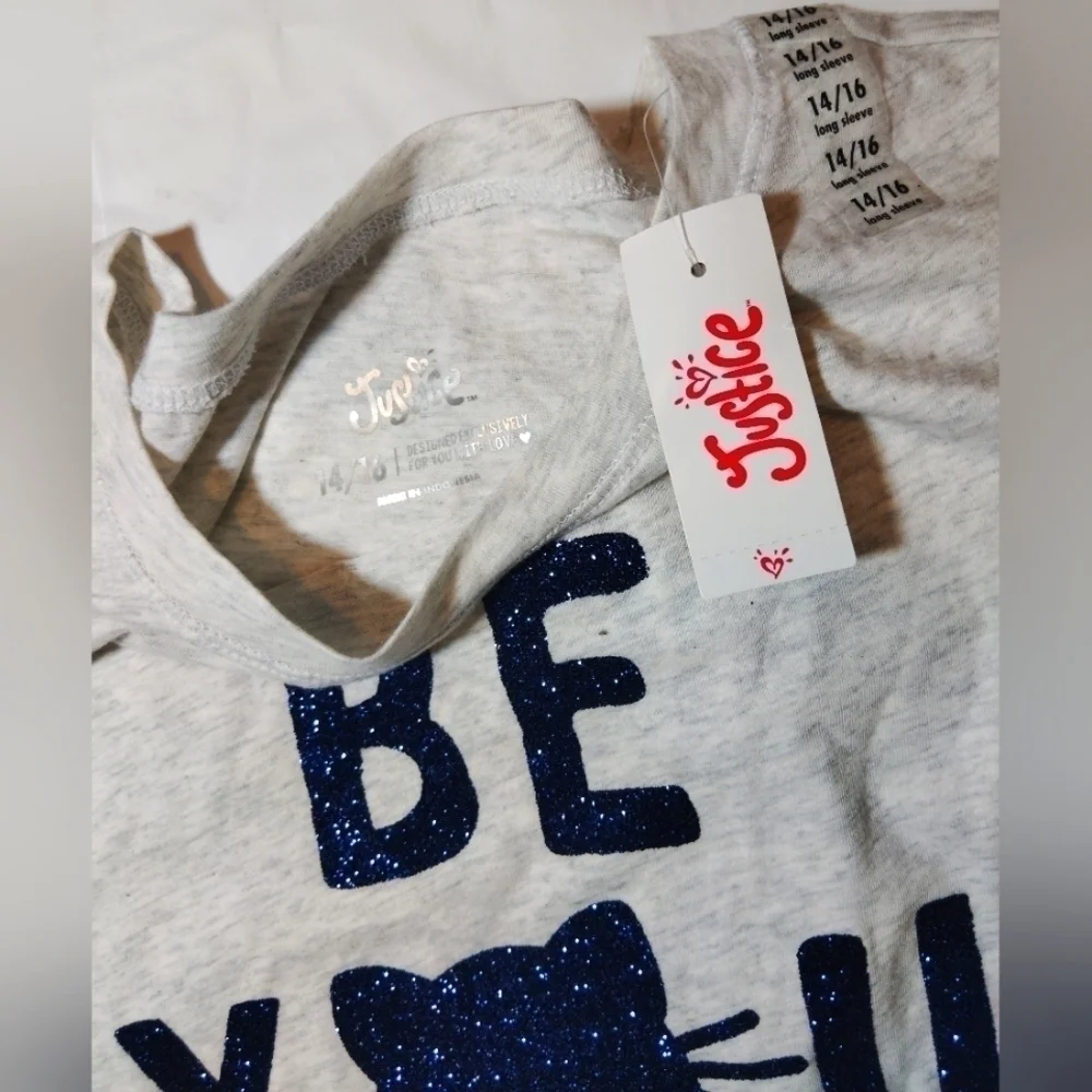 Justice Be-You-Tiful Sparkling Kitty Long Sleeve T-Shirt- 14/16
